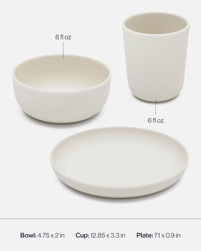 Lalo Big Bites Kids Dinnerware Full Set - Dishwasher Safe, BPA Free, Kids Tableware Set - Includes Stackable Bowl, Plate, Utensils & Cup - 7 Pieces - Oatmeal