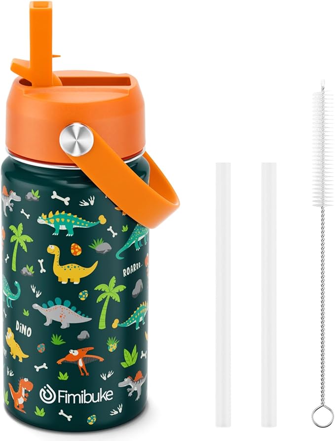 Fimibuke Kids Insulated Water Bottle, 14oz BPA FREE 18/8 Stainless Steel Travel Tumbler Double Wall Vacuum Leak Proof Kids Cup with Straw Metal Bottles for School Boys Girls (1 Pack, Green Dinosaur)