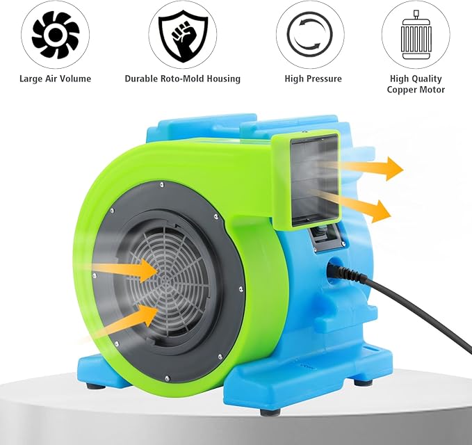 MOUNTO 1HP Inflatable Bounce House Blower, Energy Efficient, Low Amp Draw Inflatable Blower Fan for Inflatable Bounce House, Water Slide, and Obstacle Course for Kids