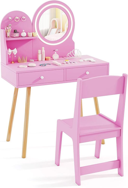 HONEY JOY Kids Vanity, Little Girls Vanity Set with Mirror and Stool and Lights, Drawers, Toddler Makeup Vanity Dressing Table, Wooden Pretend Play Kids Vanity Table and Chair Set (Pink)