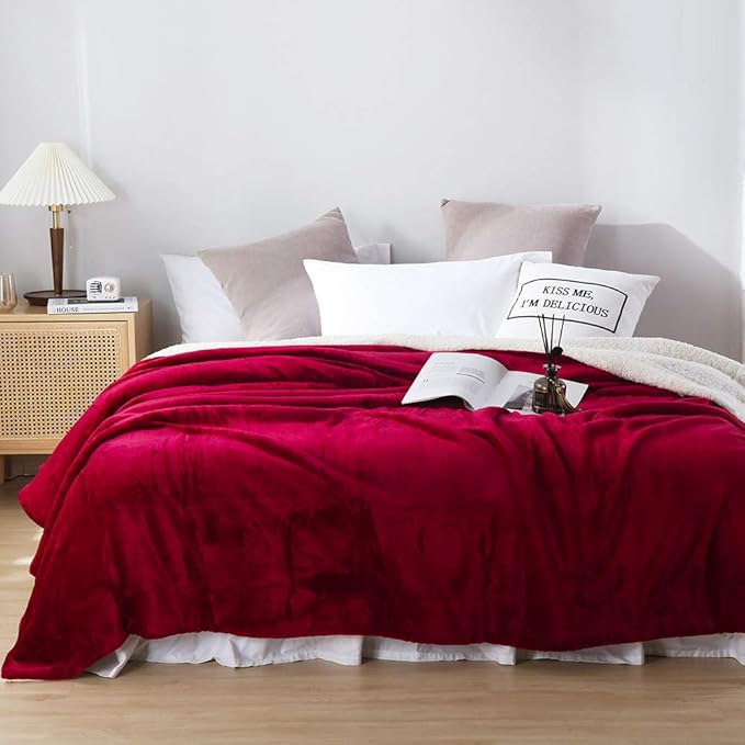 NANPIPER Bed Blanket Reversible Sherpa Flannel Blanket Super Soft Fuzzy Plush Fleece Microfiber (90"x90" Wine Red) Queen