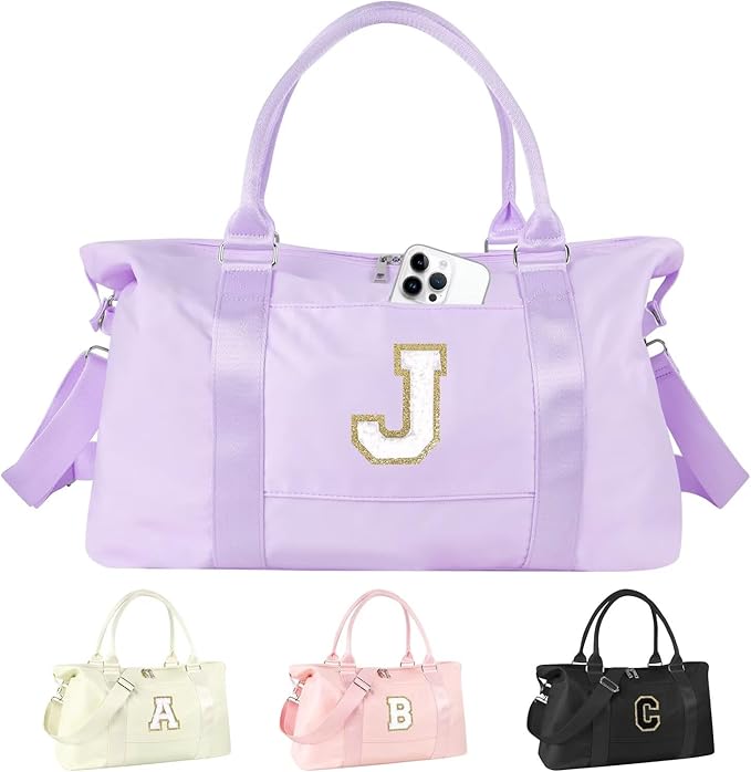 Dance Gym Duffel Bag for Teen Girls, Personalized Initial Travel Weekender Bag,Cute Overnight Carry On Duffle for Women,Sports Travel Cheer Bag,Monogram Christmas Gifts for Tween Preppy(purple-J)