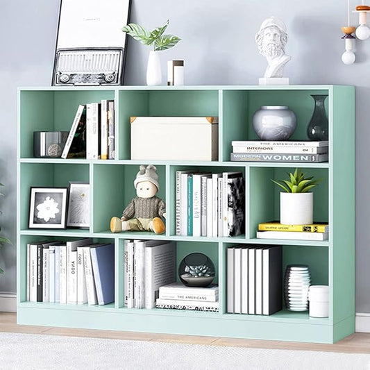 IOTXY Open Shelf Low Bookcase - Wooden 3-Tier Floor Standing Display Cabinet Organizer with Base, 10 Cubes Short Horizontal Bookshelf in Tiffany-Green
