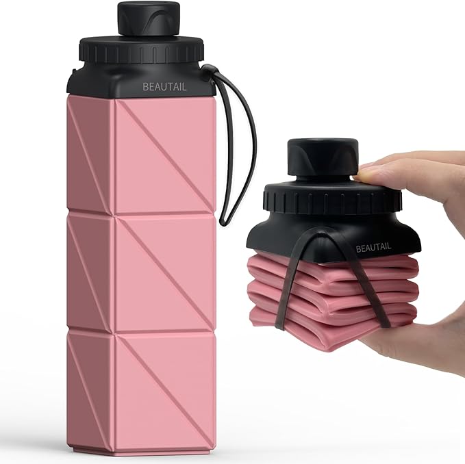 Collapsible Water Bottles, Silicone Foldable Water Bottle 610ml, Portable Lightweight Reusable Leakproof Bottle for Gym Travel Camping Hiking Sports Outdoor, 1 Pack (Pink)