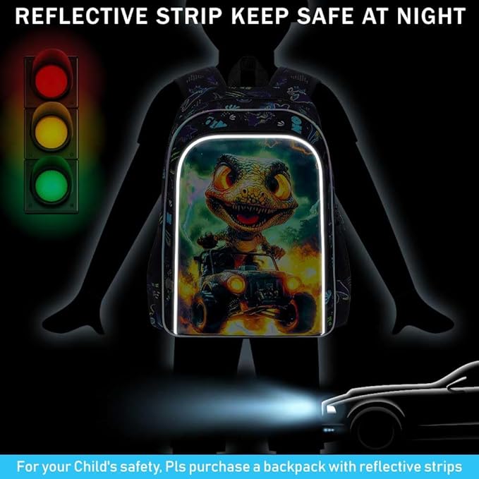 16" Dinosaur Backpack for Boy, 3Pcs Truck Bookbag with Lunch Box, Kids School Backpacks for Elementary Preschool Kindergarten (Black)