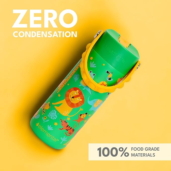 Elemental Insulated Kids Water Bottle, Stainless Steel Water Bottle with Straw Lid & Pop-It Handle, Leak-Proof Water Bottles for School, Boys or Girls, Travelling and Sports, 18oz - Green Jungle