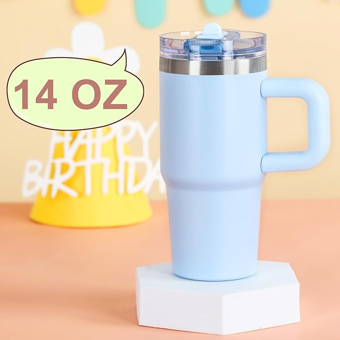 Cosictic 14 Oz Flip Straw Tumbler with Handle for Kids, Stainless Steel Double Wall Insulated Cup for Children with Flip Top Lid, 14 Oz Leak-proof Cups for Kids, Sky Blue and Green