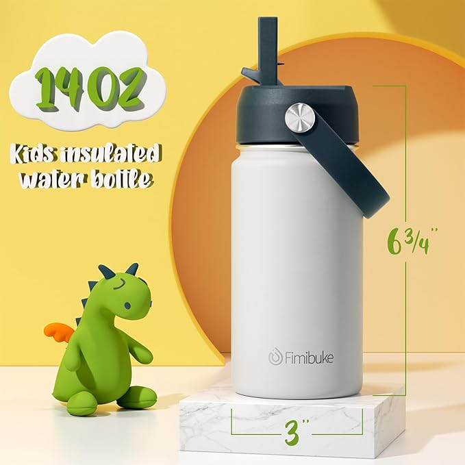 Fimibuke Kids Insulated Water Bottle, 14oz BPA FREE 18/8 Stainless Steel Travel Tumbler Double Wall Vacuum Leak Proof Kids Cup with Straw Metal Water Bottle for School Boys Girls(1 Pack, Harbor Grey)