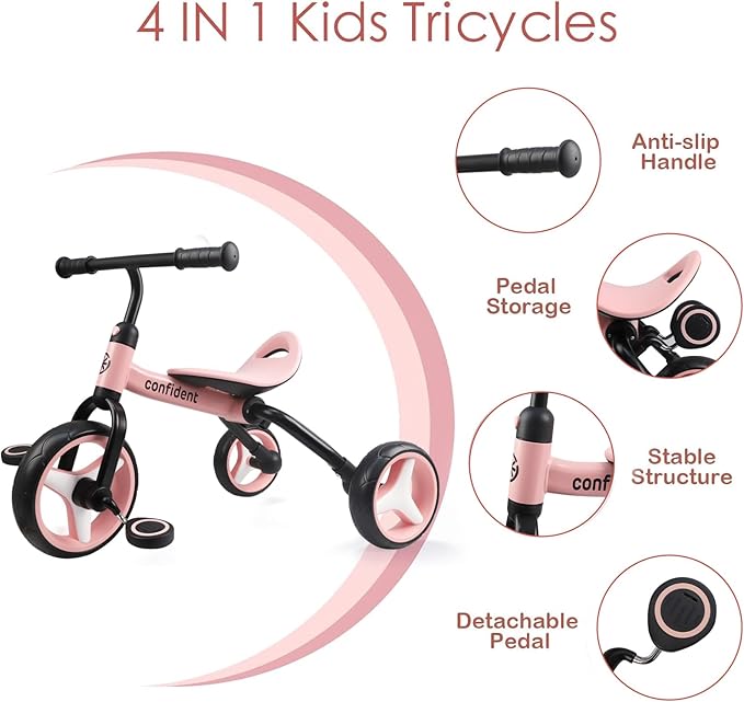 YGJT 4 in 1 Tricycle for Toddlers Age 2-5, Folding Kids Trike Tricycles Toddler Bike with Adjustable Seat and Removable Pedal, Baby Balance Bike Ride-on Toys Gift for Baby Boys Girls Birthday