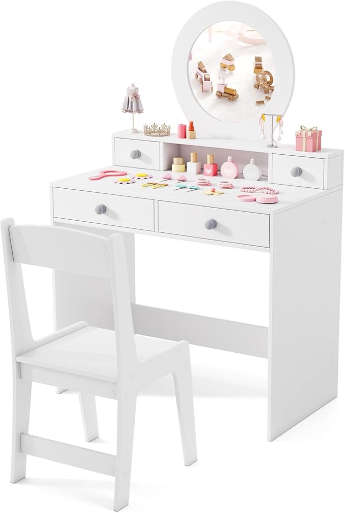 Costzon Kids Vanity, Princess Makeup Dressing Desk with Mirror and Stool, 4 Storage Drawers, Pretend Play Vanity Table and Chair Set for Little Girls (White)
