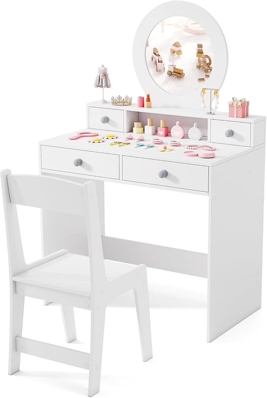 Costzon Kids Vanity, Princess Makeup Dressing Desk with Mirror and Stool, 4 Storage Drawers, Pretend Play Vanity Table and Chair Set for Little Girls (White)