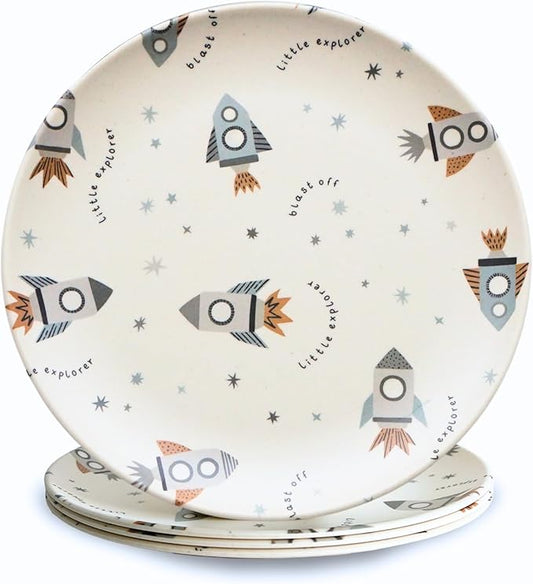 Nook Theory 4 Pack Reusable Bamboo Plates - Non-Toxic Toddler and Kids Plate, Dishwasher Safe, Not Microwavable Dinnerware (Space 8")