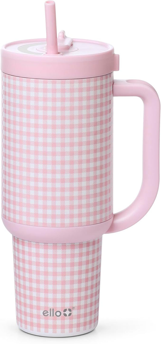 Ello Oasis 40 oz Tumbler with Handle & Retracting Straw | Reusable Insulated Stainless Steel Cup 100% Leakproof, Gifts for Teens Women Men | Keeps cold for 24 Hours, Cup Holder Friendly, Pink Gingham