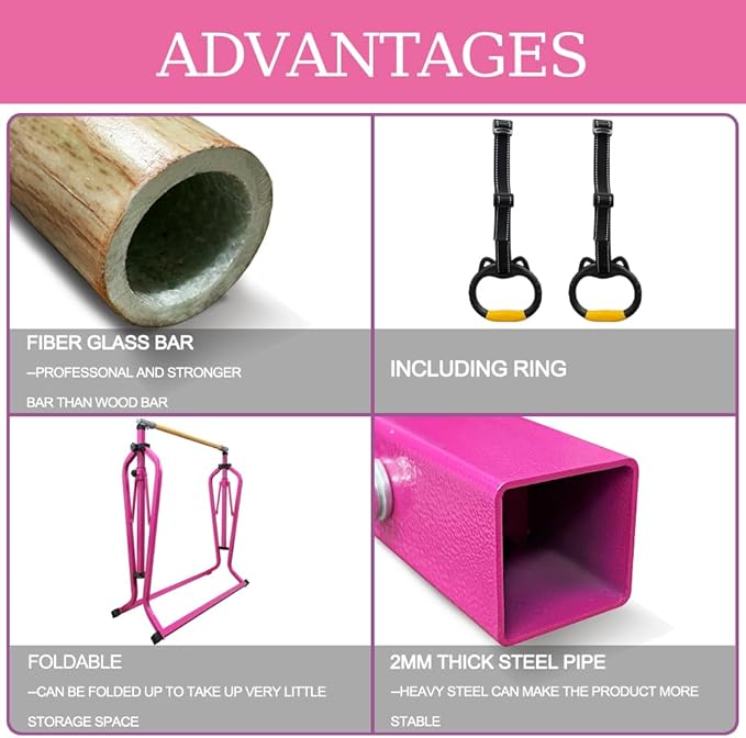 Foldable Gymnastics Kip Bar,Horizontal Bar for Kids,No Wobble Gym Equipment for Home Indoor,3' to 5' Adjustable Height,Gymnasts 1-4 Levels,300 lbs Weight Capacity