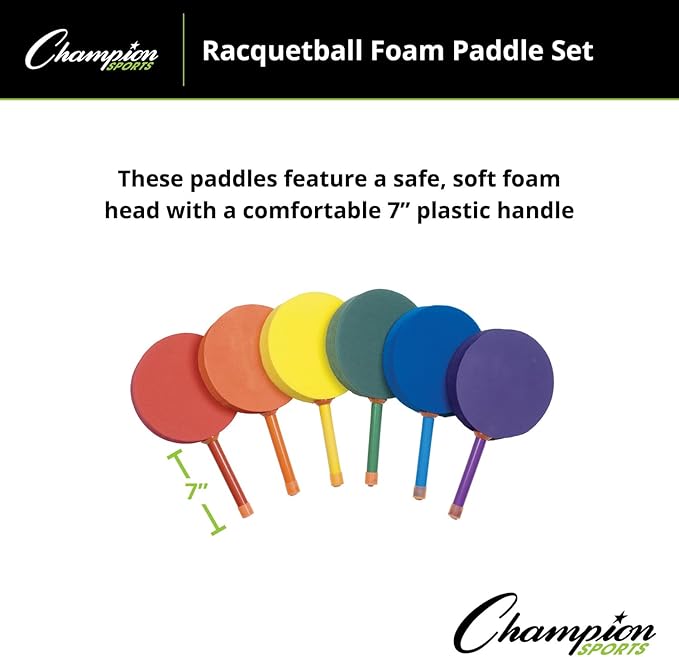 Champion Sports 7-inch Racquetball Foam Paddle Set of 6 - Assorted Colors
