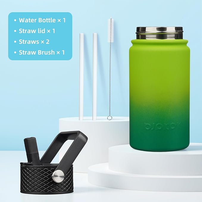 BJPKPK Insulated Water Bottle with Straw Lid, 15oz Cute Water Bottles, Stainless Steel Metal Thermo, Reusable BPA Free Leak Proof Tumblers, Cups,Bamboo Grove