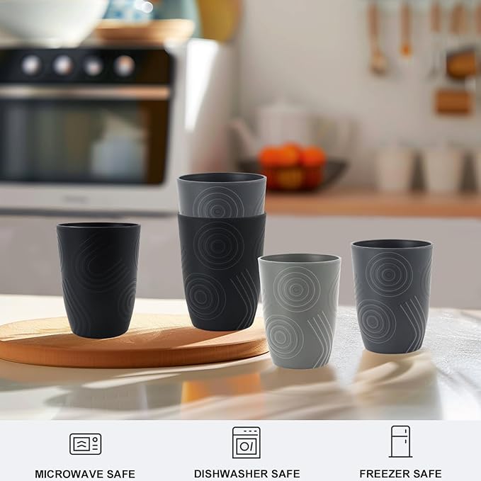 6 Pack Wheat Straw Cups 12 oz, Plastic Cups Reusable Drinking Glasses, Small Kids Cup, Unbreakable Water Tumblers Set Kitchen Cup Dishwasher Safe (Black, Grey)