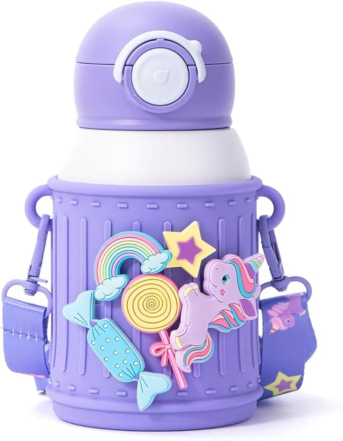 Kids Insulated Tumbler Set – 16 oz Stainless Steel Bottle with 2 Lids (Straw + Pour), Screw-On Cup, Adjustable Strap, Silicone Sleeve + 8 Charms – BPA-Free, Gift-Ready (Unicorn)