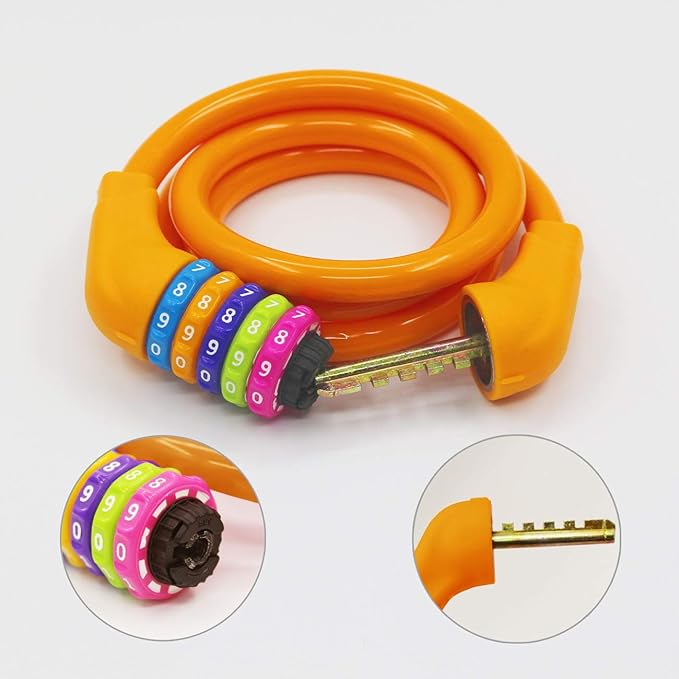 Bike Lock Cable - 4 Feet Resettable Cable Lock - Self Coiling 5 Digit Combination Bicycle Lock (Orange)