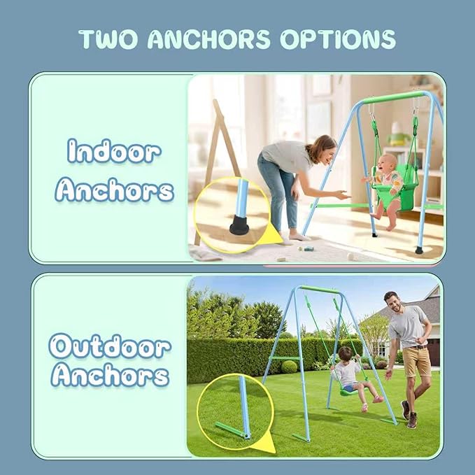 2-in-1 My First Toddler Swing Set for Backyard, Baby Indoor/Outdoor Swing with Foldable Stand, Belt & Soft Swing Seat with Safety Harness & Height Adjuster, Suitable for Children 6 Months and Older