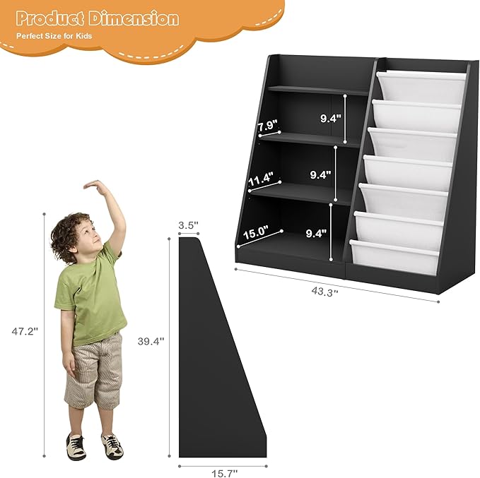 Black Kids Bookshelf Wood Toy Storage Organizer Cabinet Children Bookcase Toddler Baby Sling Book Rack Adjustable Shelf for Playroom Bedroom Nursery Hallway School Kindergarten