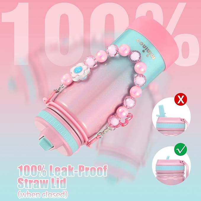 Mininoo Kids Water Bottle for School - 16 oz Stainless Steel Insulated Water Bottle with Ceramic-Lined, Leakproof Straw Lid & Beaded Handle for Girls & Boys