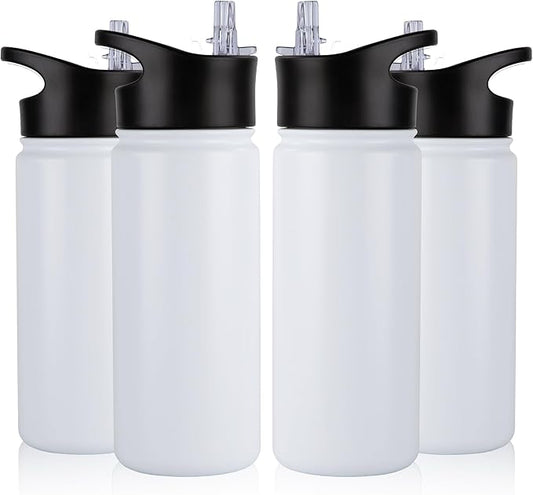 16 oz Insulated Water Bottle Bulk 4 Pack, Straw & Spout Lid, Keep Cold 24H, Spill Proof, BPA-Free, Double Wall, Stainless Steel Kids Water Bottles for School, Sports, White