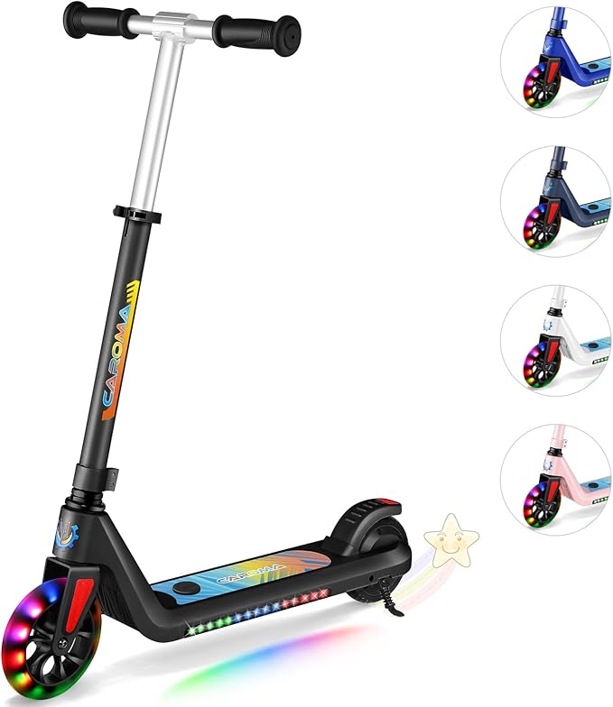Caroma Electric Scooter for Kids Ages 6-14, 180W/150W Motor & 10 Mph, 85 Mins Ride Time, Adjustable Height & Speed, LED Display & Colorful Lights, Kids Electric Scooter, Best Gifts for Girls and Boy