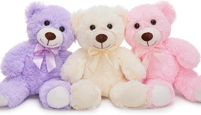 MorisMos 3Pcs Teddy Bears Bulk Baby Shower, 14inch Cute Teddy Bear Stuffed Animals Plush, Small Stuffed Bears on Centerpiece Baby Shower, Pink, Purple, White