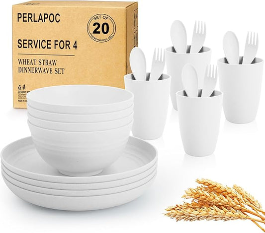 Wheat Straw Dinnerware Sets Service for 4, Unbreakable Kids Plates and Bowls Set 20 PCS, Microwave & Dishwasher Safe Dishes Set for Dinner, Kitchen, Camping, PV, Dorm - White