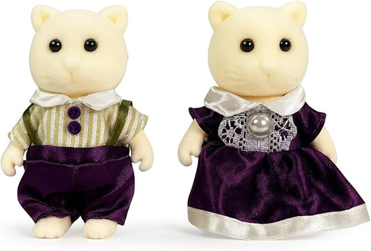 Family Cream Cat Figures — Set of 2 Collectible Flocked Mini Dolls with Removable Clothes, Miniature Dollhouse Pretend Play Figures for Kids Ages 3+