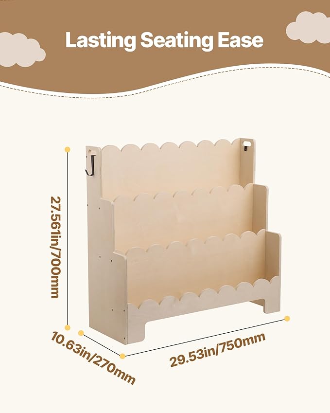 VEVOR 3-Tier Montessori Bookshelf, Scalloped Kids Bookcase, Wooden Book Shelf with 2 Dual Hooks, Daycare Furniture Display Bookshelf for Bedroom, Living Room, Entryway, Nursury, Preschool