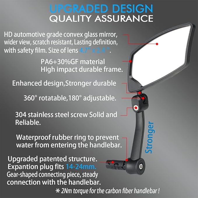 Bar End Bike Mirrors 1 PAIR, High–Definition Convex Scratch Resistant Glass Lens E-Bike Mirror,Safe Rearview Mountain Bike Mirror for Left and Right Side BT-018