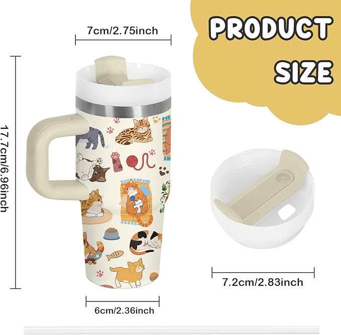 Cat Gifts for Girls - 14oz Cute Cats Kids Tumbler with Handle and Straw, Stainless Steel Insulated Water Cup, Leak Proof, for Sport, School, Travel - Funny Cat Lovers Children Birthday Gifts Cups(1pc)