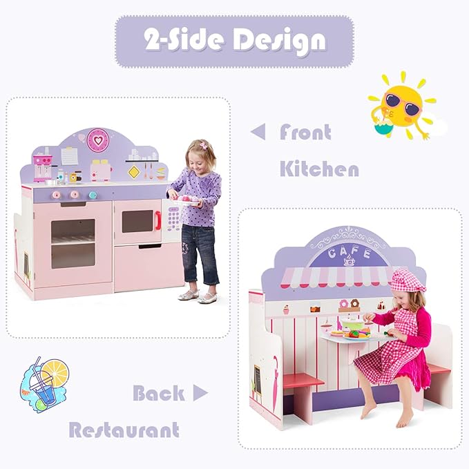 GLACER 2-in-1 Kids Kitchen Playset, Double-Sided Wooden Pretend Cooking Food Set w/Stove, Oven, Microwave, Storage Cabinet, Simulation Play Kitchen Set for Toddlers (Pink)