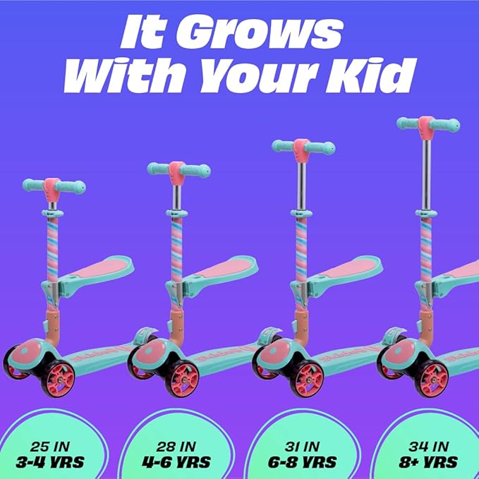 SKIDEE Kick Scooters for Kids Ages 3-5, Adjustable Height Foldable Scooter with Removable Seat, 3 LED Light Wheels, Rear Brake, Wide Standing Board, Suitable Up to 12 Year Old Boys/Girls