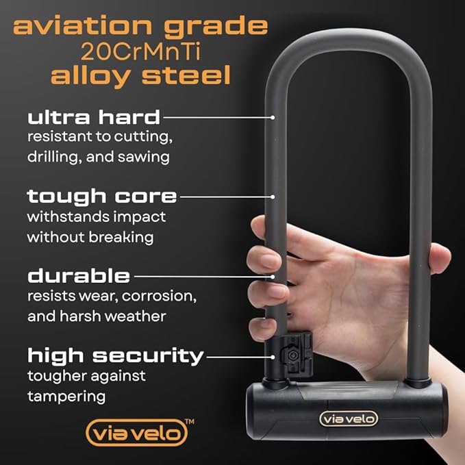 Via Velo Bike U Lock with Cable | Pro U Lock 20 CrMnTi Steel 15mm Shackle with Bracket Inside Size:9.6 x 3.5 in Sold Secure Gold Approval for Road Mountain Electric, Folding Bikes Scooter
