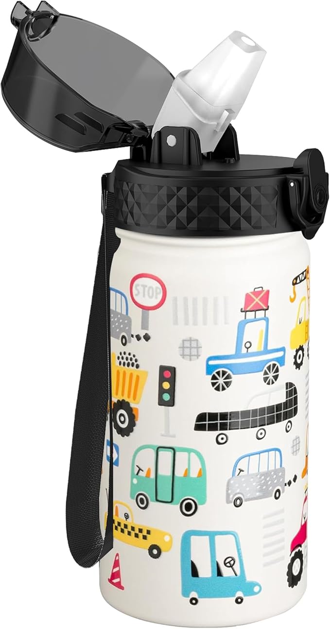 GOPPUS Kids Water Bottle (Straw Lid) - 14 Oz Stainless Steel Travel Bottle, Double Wall Vacuum Leak Proof Kids Cup for School Boys Girls,White engineering car
