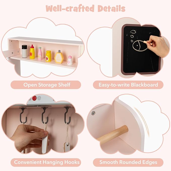 Costzon Corner Kitchen Playset, Kitchen Toy Set w/Real Lights & Sounds, Large Fridge, Ice Maker, Oven, Microwave, Washer, Trash Can & 22 Accessories, Wooden Pretend Play Kitchen for Kids 3+ (Pink)