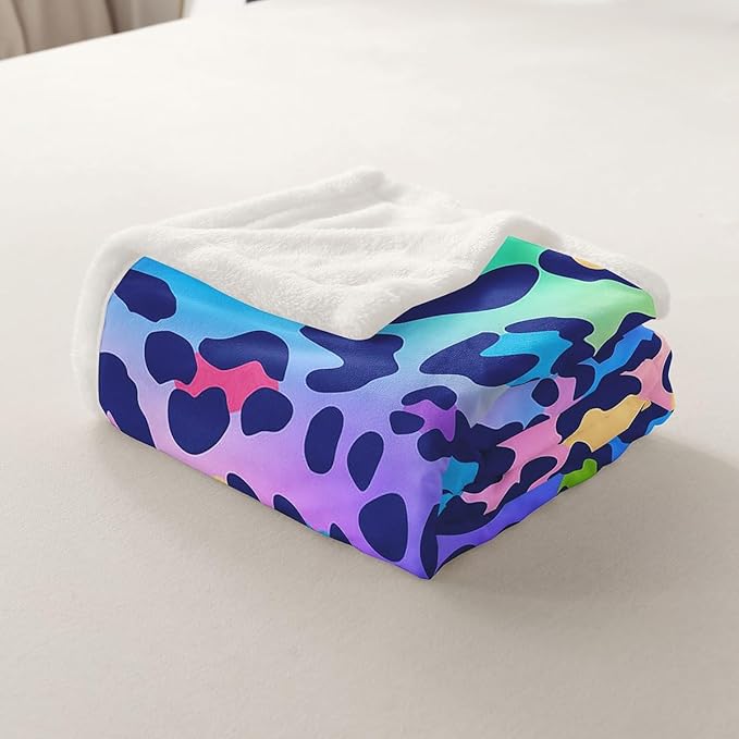 Leopard Print Sherpa Blanket - Africa Cheetah Fleece Throw With Rainbow Design - Plush Safari Animal Pattern for Room Decor - Fuzzy Blanket for Sofa, Bed, Couch - Queen 90x90 Inch