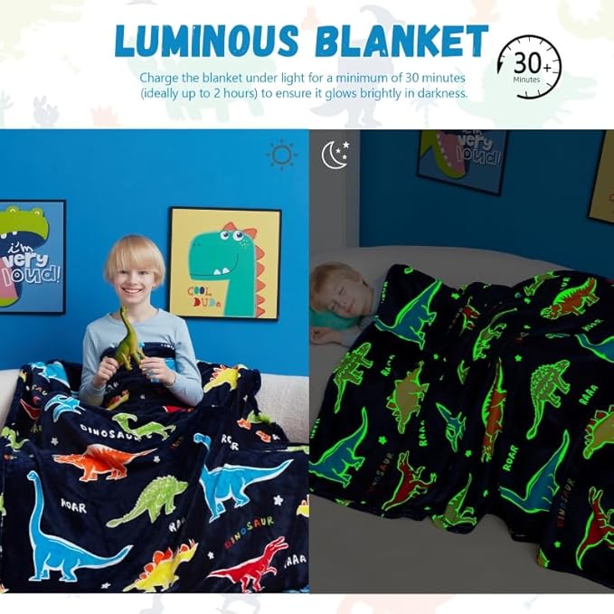 Dinosaur Gifts Toys for Boys Girls,Glow in The Dark Dinosaur Blanket, Birthday Presents Decor for Kids Age 3-14 Year Old Son Teen Child Toddler Luminous Christmas Bedroom Throw Blanket 50"x60"