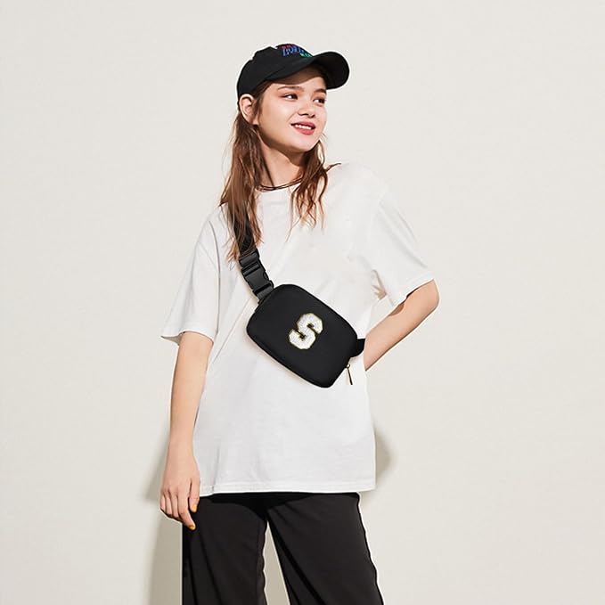 Gitus Birthday Gifts for 8 9 10 11 12 13 Year Old Girls Personalized Fanny Pack Crossbody Bags with Initial Letter Patch Belt Bag for Teen Girls Cute Trendy Stuff Travel Essentials (Black-S)