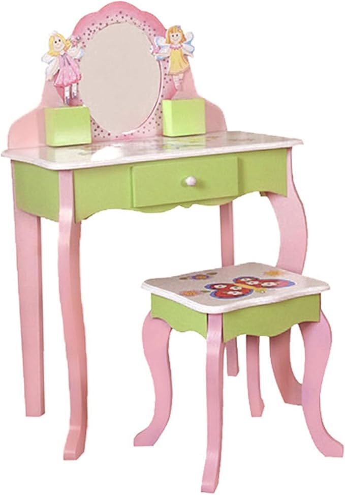 Kids Vanity Set with Stool, Wooden Makeup Dresser Table with Mirror, Flower Fairy Design with Storage Drawer, Safety Anti-Tip for Girls Age 3 and Up