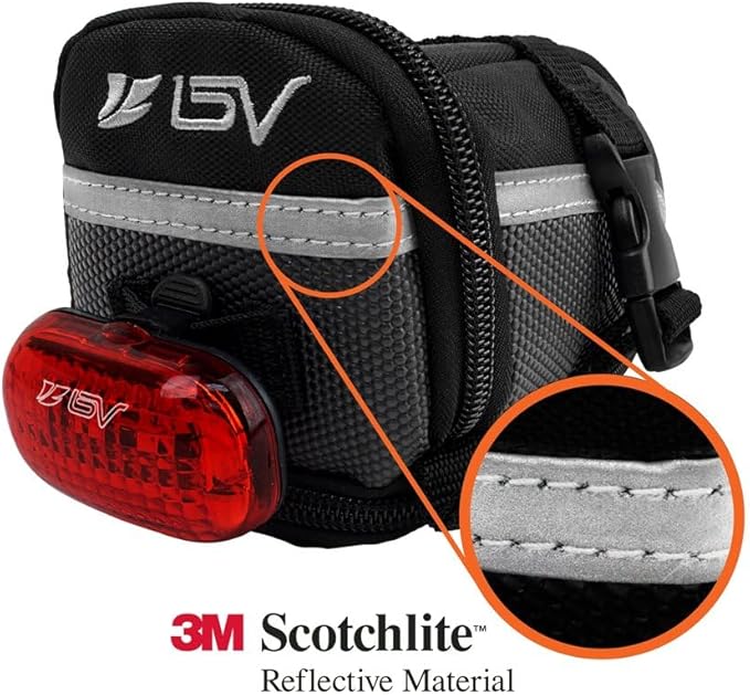 BV Strap-On Bike Bag with Reflective Material - Capacious Saddle Bag with Seperate Divider for Small Items & Room for All Your Essentials - Bike Pouch with Taillight Hanger for Maximum Safety