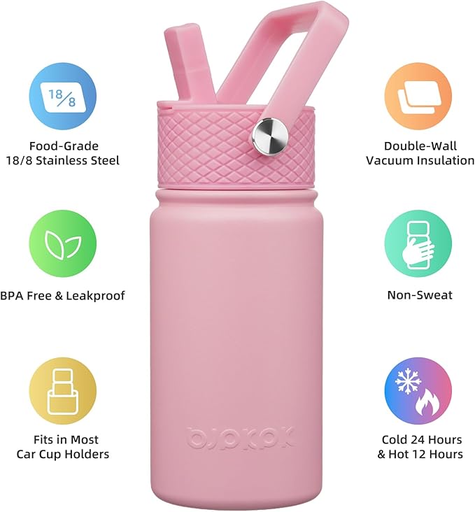 BJPKPK Insulated Water Bottle with Straw Lid, 15oz Cute Water Bottles, Stainless Steel Metal Thermo, Reusable BPA Free Leak Proof Tumblers, Cups,Pink