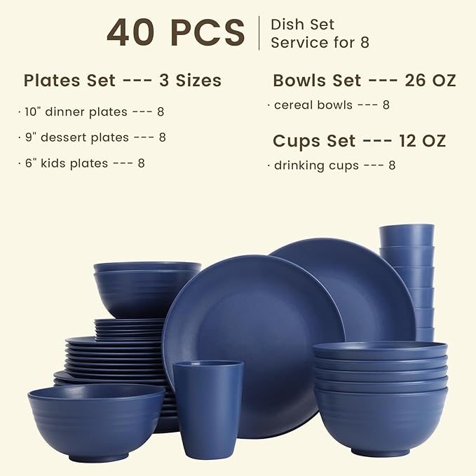 Homienly 40 PCS Wheat Straw Dinnerware Set, Reusable Plates and Bowls Sets, Cups, Lightweight and Unbreakable Dishes Set for 8, Microwave & Dishwasher Safe Dinnerware Sets for Kitchen - Dark Blue