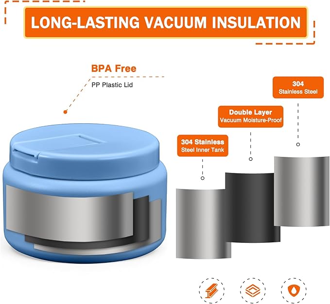 13.5oz Kids Jar for Hot Food, Insulated Vacuum Food Jar with Buckle Lid, Stainless Steel Wide Mouth Leak Proof Insulated Lunch Container for School Picnic Travel, Sky Blue