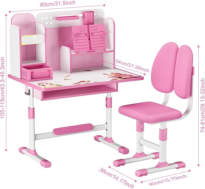 Upgraded Kid's Desk and Chair Set, Adjustable Children's Study Table with Bookshelf and Storage Drawer, 50-Degree Tiltable Desktop with Chair for Bedroom (Pink not Leaning)