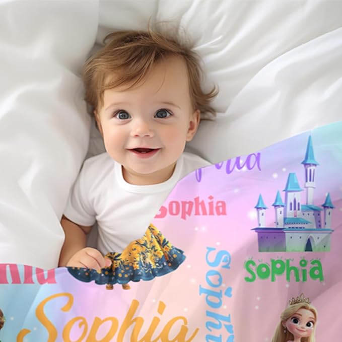 Custom Girl Blanket with Name Personalized Cute Pink Princess Blanket for Newborn Customized Soft Flannel Throw Blanket Memorial Gift for Toddler on Birthday Baby Shower Christmas (Pink Princess)