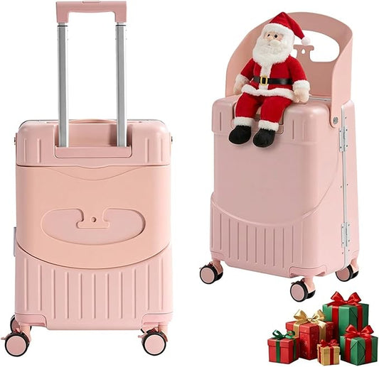 20'' Luggage with Child Seat, Ride On Suitcase with Shockproof Silent Spinner Wheels, TSA Lock, Carry On Luggage with Foldable Backrest, Bag Hook for Kids.